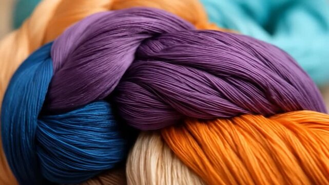 Close up of colorful braided thread bundles fiber art material