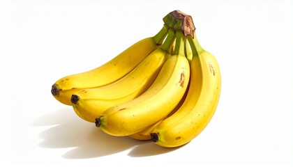 Describe a bunch of ripe yellow bananas with brown spots and attached stem on a white surface. Highlight their freshness, nutritional value, and visual appeal for food or health-related use.