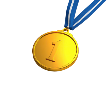 A rendered gold medal with a blue ribbon and the number one, on black