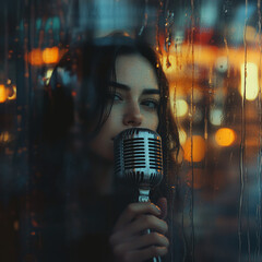 Melancholic portrait of a woman holding a retro microphone near a rainy window with warm city lights in the background