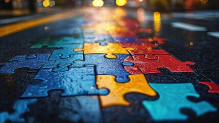 Colorful puzzle pieces arranged on wet reflective surface with blurred bokeh lights in the background conveying focus and mystery