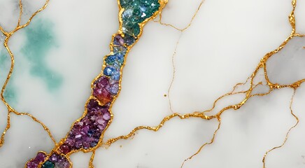 Elegant Marble Surface with Colorful Gemstone Inlay and Gold Veins