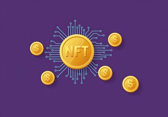 Illustrative NFT Cryptocurrency with Digital Circuit Board Style Background and Coins Symbolizing Value and Investment
