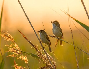 Two small birds perched on reeds at sunset