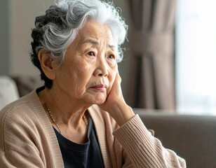 白髪のシニア女性が悩む様子　生成AI画像