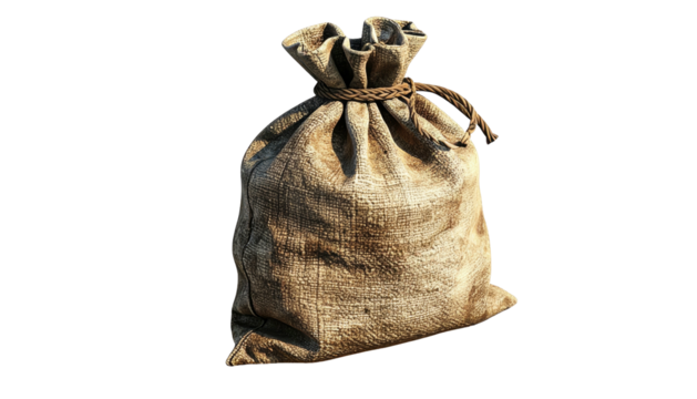 A worn, tied burlap sack with a knotted drawstring against a transparent backdrop