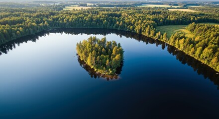Aerial view of a serene lake with a tree covered island reflecting the surrounding forest and sunlight