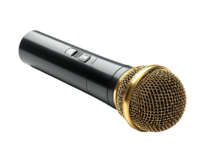 Sleek, black and gold handheld audio mic; angled against a transparent background