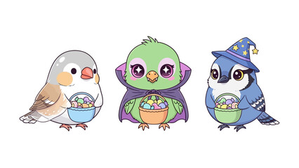 Feathered Friends’ Festivity: A charming ensemble of three uniquely adorned bird illustrations, each playfully holding a basket filled with vibrant Easter eggs.