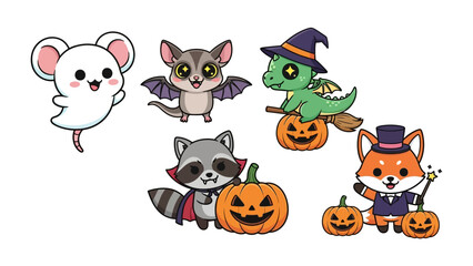 Halloween Creatures in Playful Illustration: Whimsical collection of Halloween creature illustrations. Featuring a smiling mouse ghost, a cute bat, a dragon on pumpkin with witch's hat.