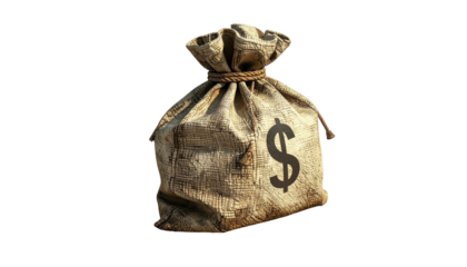 A burlap sack tied with twine, displaying a dollar sign on a black background