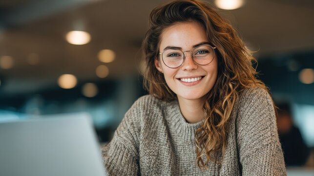 A smiling woman with curly hair and glasses working on a laptop in a modern office environment.