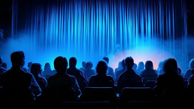 Silhouetted audience seated in a dark theater as blue stage lights illuminate the curtains.