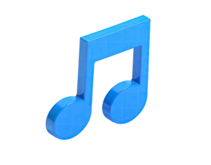 A glossy blue musical note icon floats against a stark, black background