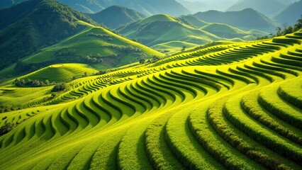 Lush Green Terraced Rice Fields Under Blue Sky and Mountain Landscape