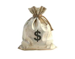 Beige canvas sack tied with rope, dollar symbol, isolated on black