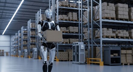 Naklejka premium Futuristic robot carrying package inside factory photo 