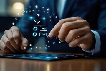 Businessman interacting with futuristic transparent virtual interface projecting analytics and technology icons above a tablet, symbolizing advanced digital innovation and data management