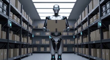 Futuristic robot carrying package inside factory photo  