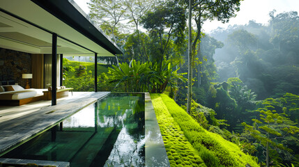 Luxurious villa with infinity pool overlooking lush tropical jungle, creating a serene and peaceful getaway surrounded by nature's beauty.