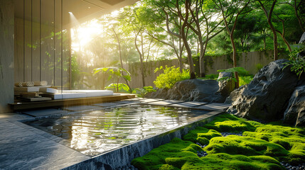 Modern zen garden with stone path and serene reflection pool amidst lush greenery and sunlight filtering through trees.