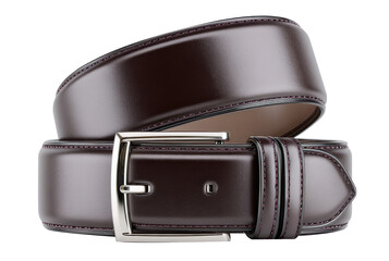Elegant brown leather belt with silver buckle on white background