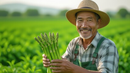 Thai Farmer Harvesting Fresh Asparagus in Lush Countryside Landscape