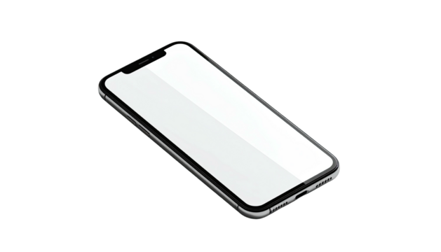 Angled view of a smartphone with a bright blank screen on a black background