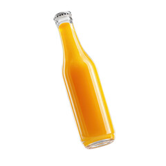 Glass bottle of fresh orange juice with water drops
