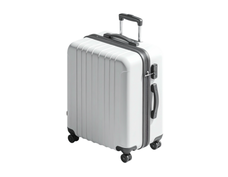 A white, upright suitcase with a retractable handle, on a black background