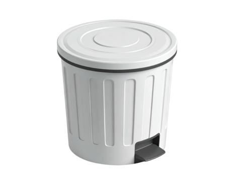 Isometric view of a white waste container with a foot pedal and a lid