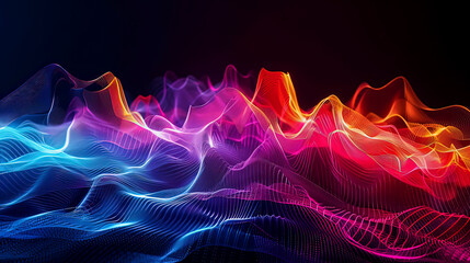 Vibrant abstract digital waves of light in red, blue, and purple against a dark background, creating a dynamic and colorful visual effect.
