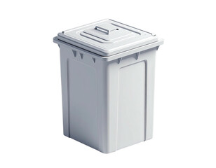 A white, rectangular trash container with a hinged lid against a dark background