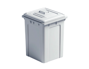 A white, rectangular trash container with a hinged lid against a dark background