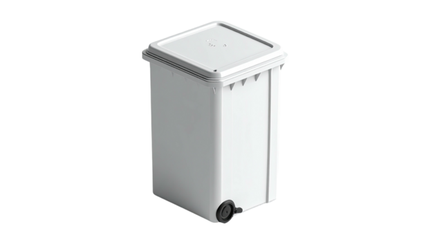 Rendered, isometric view of a white, rectangular bin with a lid and roller