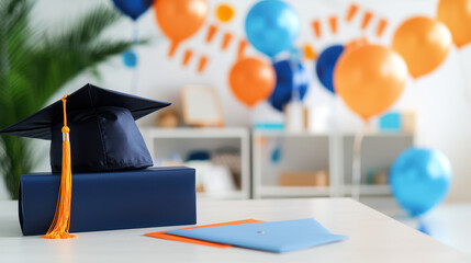 Graduation cap and diploma on table, surrounded by colorful balloons, celebrating academic achievement with joy and excitement