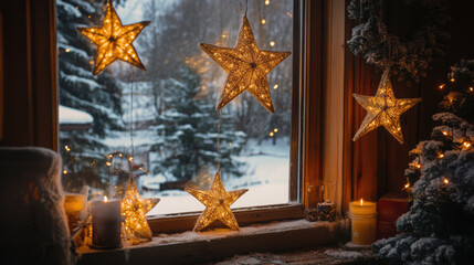Magical holiday decorations with star lights cozy cabin photography winter wonderland indoor festive vibes