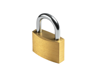 A close-up image of a shiny, golden padlock with a silver shackle, on black