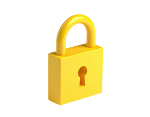 Rendered image of a shiny, gold padlock. Perspective view on a black background