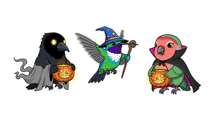Whimsical Halloween birds: A trio of avian characters, dressed in playful costumes, present jack-o'-lanterns with a whimsical vibe, capturing the spirit of Halloween! 
