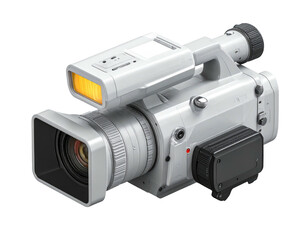 A modern, gray-white professional video camera, angled on black backdrop