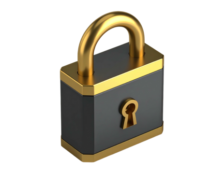 A 3D render of a gold-accented black padlock, isolated on black