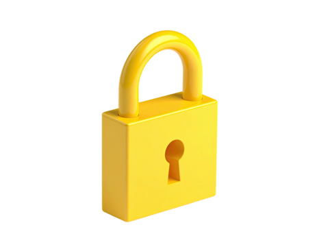 Rendered image of a shiny, gold padlock. Perspective view on a black background