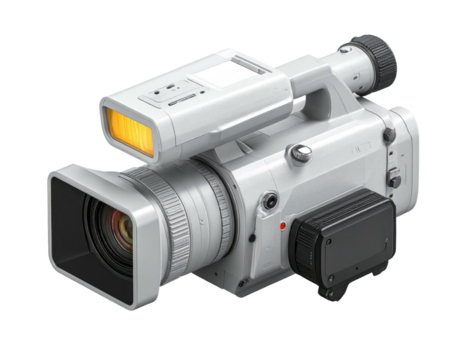 A modern, gray-white professional video camera, angled on black backdrop