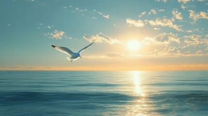 A single seagull gliding over calm ocean waters during a bright sunrise with clear skies and scattered clouds