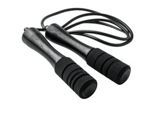 A black jump rope with dark wooden handles and foam grips, on a black background