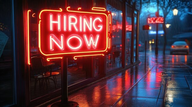 Bright neon sign displaying hiring now outside a rainy street cafe during evening hours with reflections on wet pavement and dimly lit urban surroundings