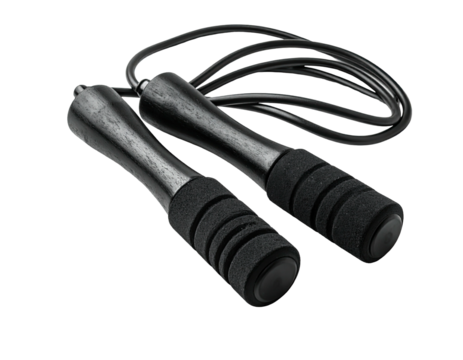A black jump rope with dark wooden handles and foam grips, on a black background