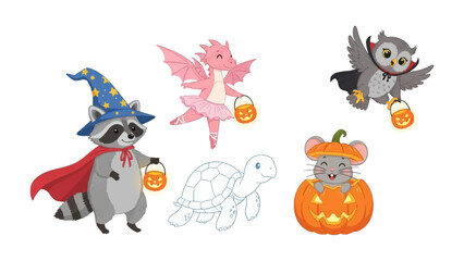 Halloween Fantasy Parade: Delightful assortment of adorable creatures, each dressed in festive Halloween costumes, marching in a colorful parade. Includes a raccoon as a wizard, a dragon in a tutu.