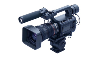Angled shot of a professional video camera on a tripod